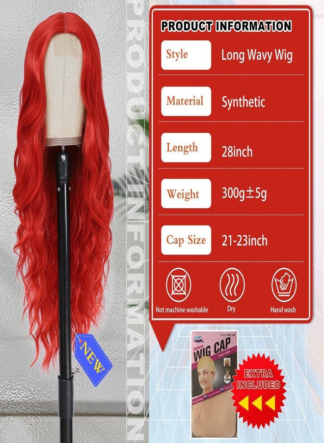 BUPPLER شعر مستعار طويل أحمر فاقع من BUPPLER، بطول 28 بوصة، فرق وسطي، شعر مستعار صناعي، شعر مستعار واقعي، هدايا، شعر مستعار للحفلات، شعر مستعار ملون للاستخدام اليومي (أحمر فاقع) - Image 2